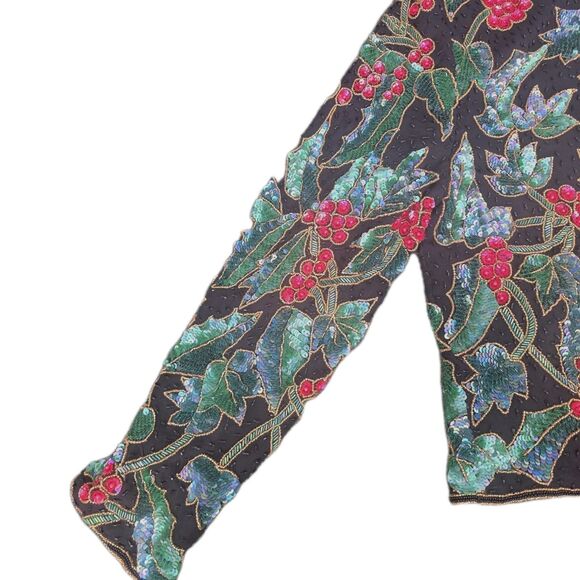 NiteLine By Della Roufogali Floral Silk Sequin  Jacket Size L Christmas New Year - Picture 7 of 10